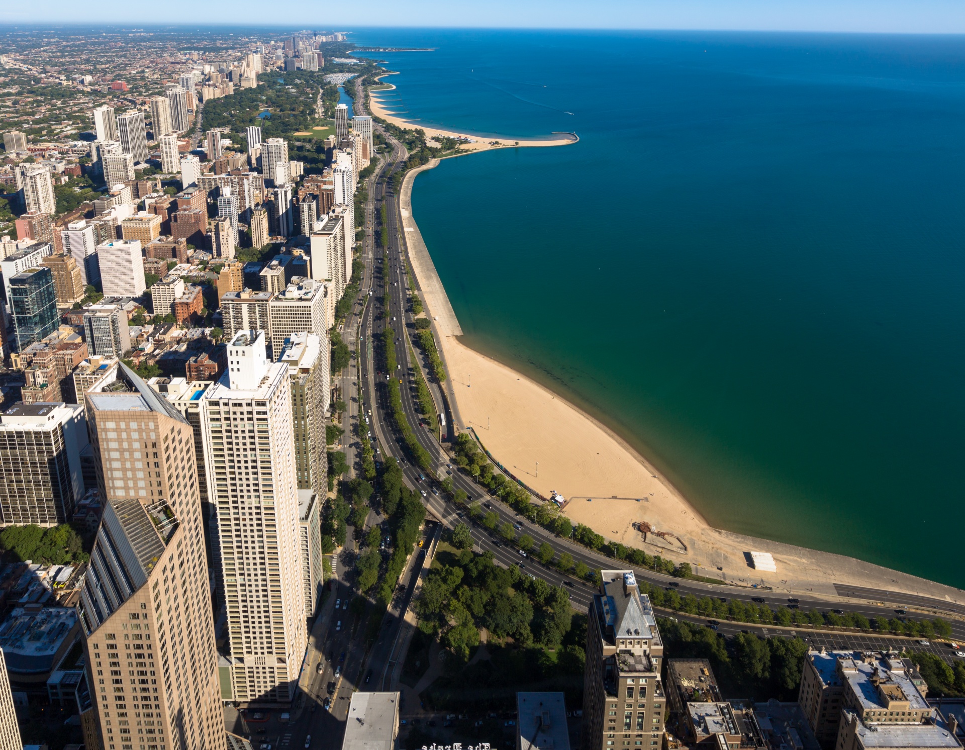 Aerial view of Chicago downtown along Lake Shore Drive